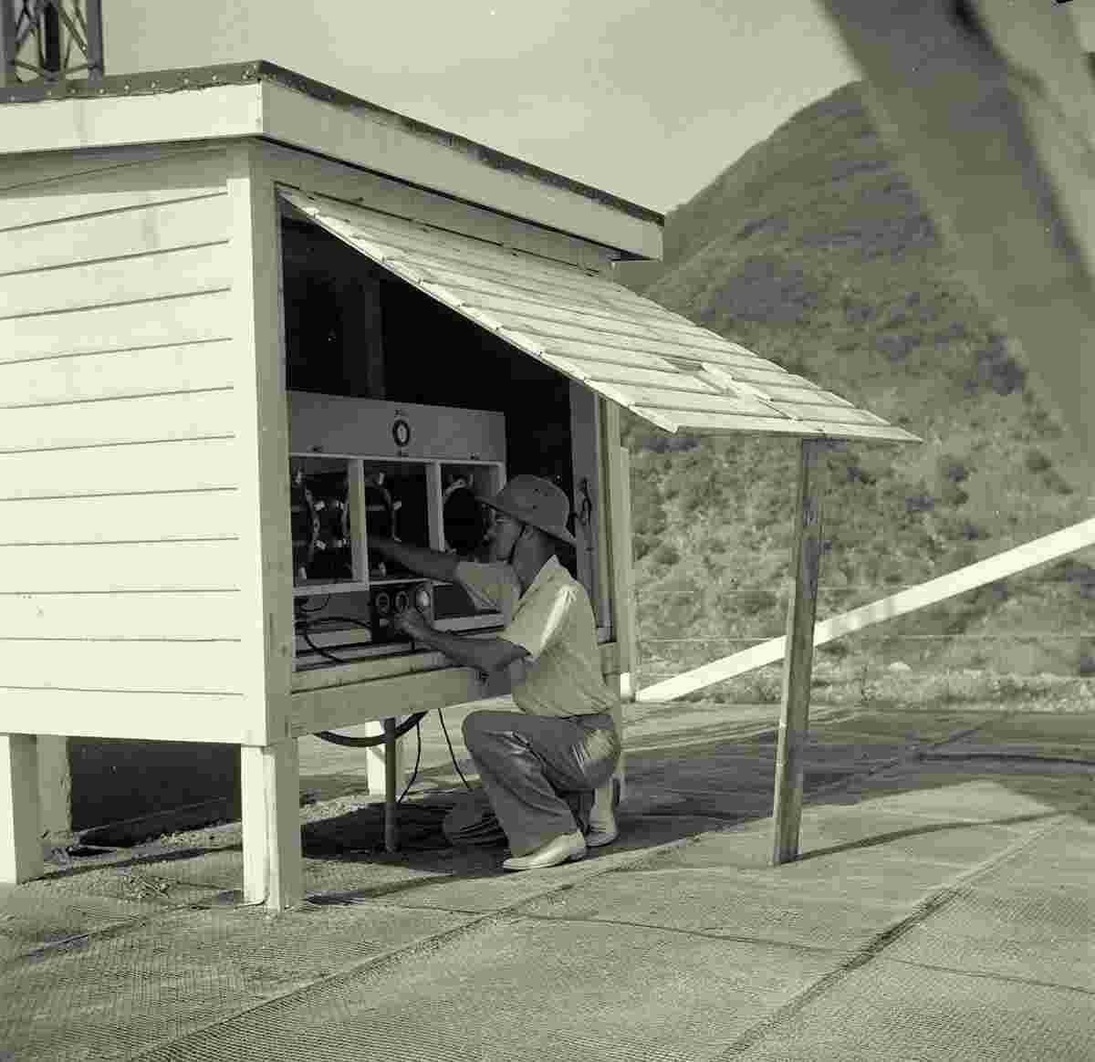 St. Johns. Charles Stellrecht at the radio tower, 1947