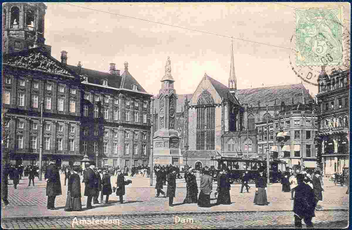 Amsterdam. Royal Palace and New Church, Naatje monument on Dam, 1906